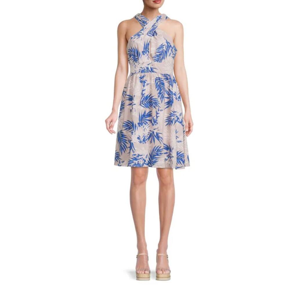 BCBGMaxAzria Beige Tropical Leaf Print V-Neck Sleeveless Mini Dress Size‎ L NWT